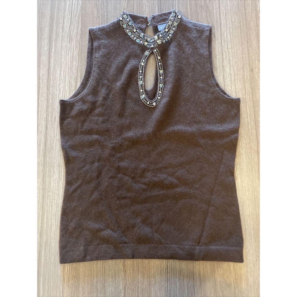 White Warren Cashmere‎ Crew Neck Top S Brown Beaded Crystals Accents Sleeveless